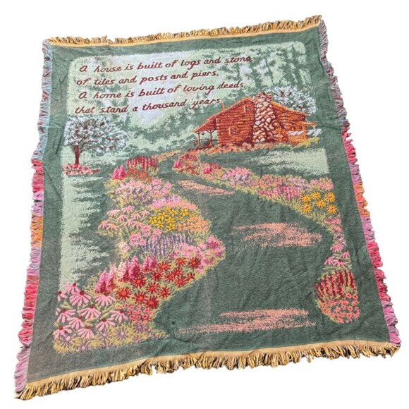 VTG LOG CABINTAPESTRY BLANKET THROW AMERICAN WOOLAND 48" X 56" BEACON USA MADE